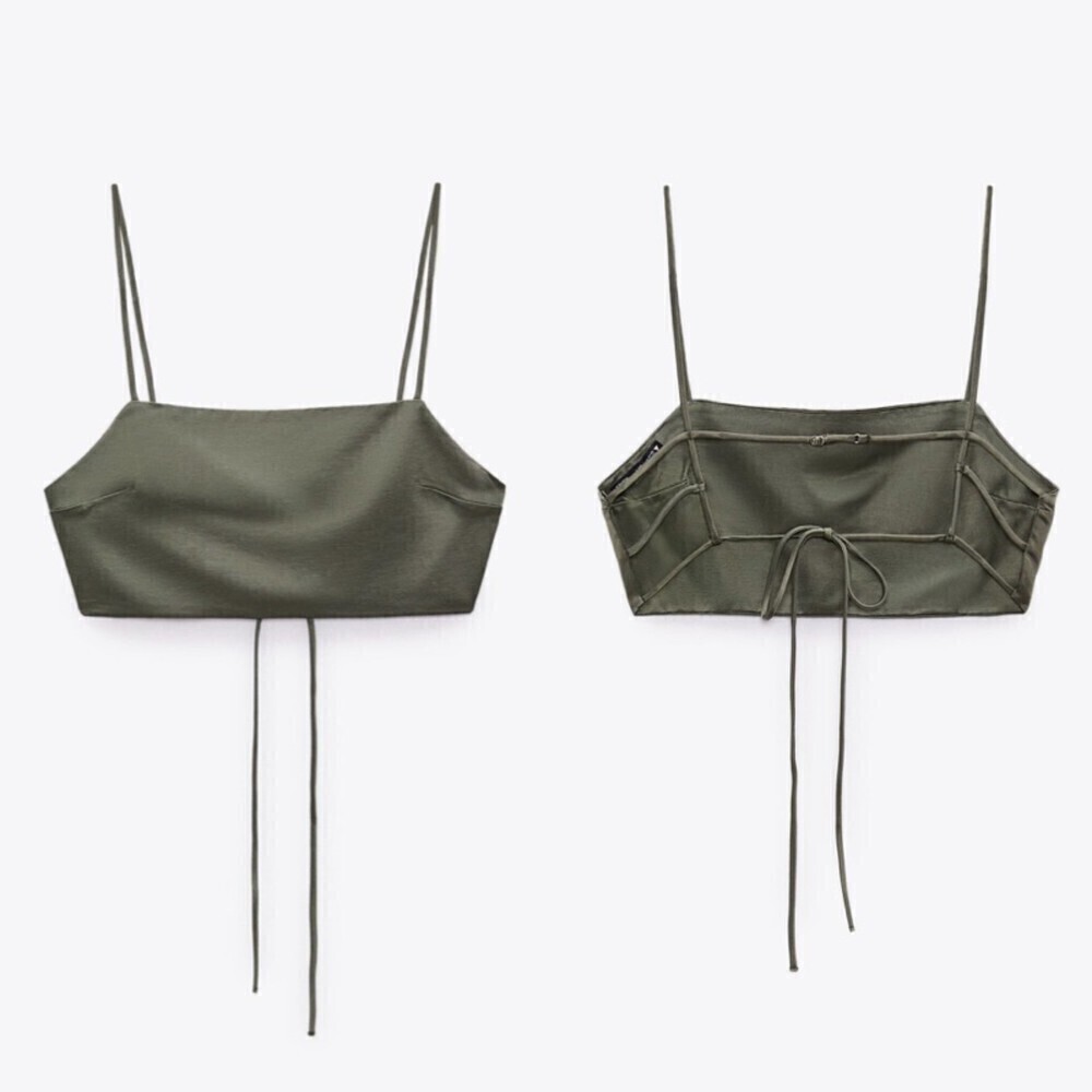 NEW Zara Satin Square Neck Strappy Back Crop Top in Olive Green Womens Small